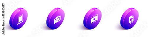 Set Isometric Makeup mirror with lights, Photo camera, Play Video and MP4 file document icon. Vector