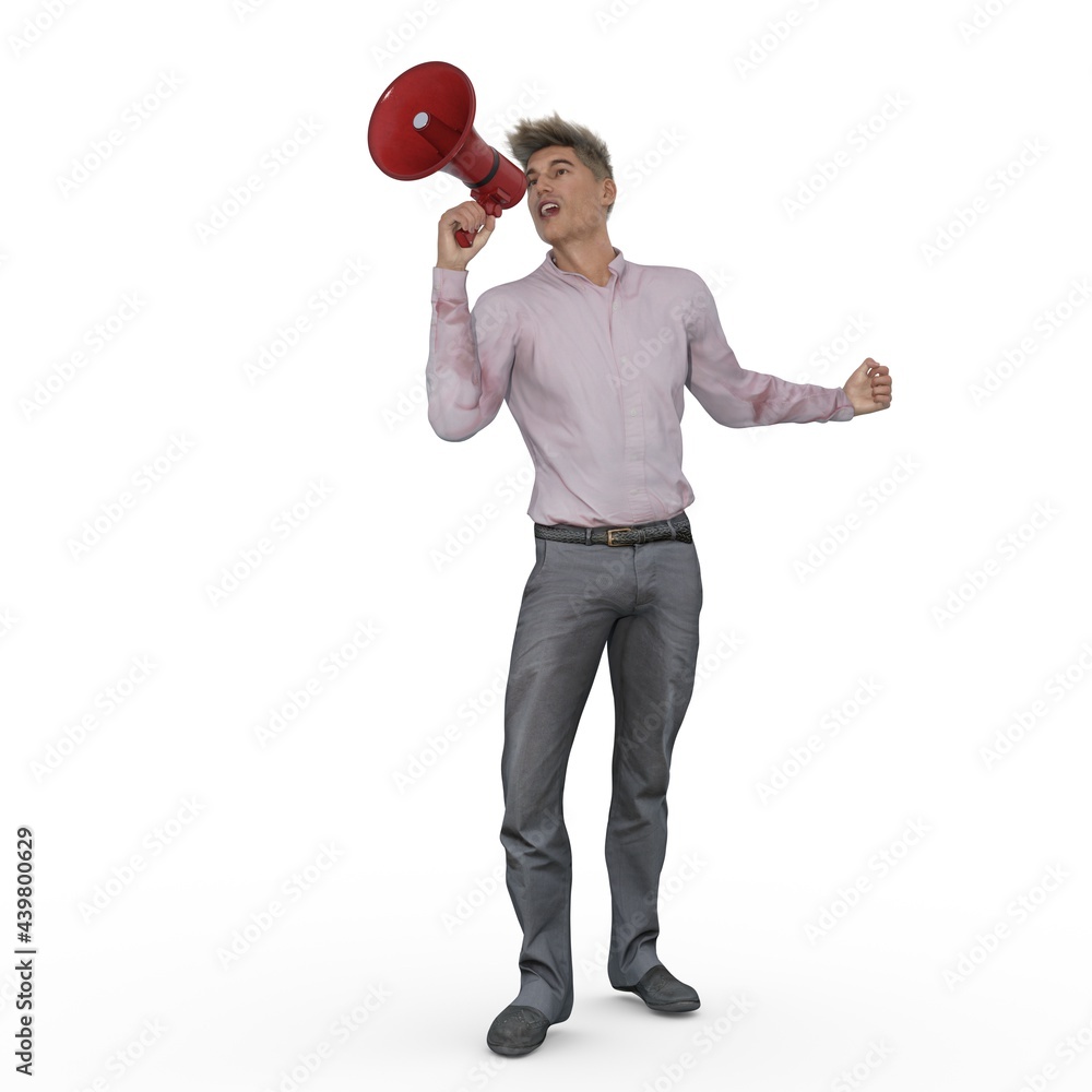 3D Render : A man is shouting with the megaphone in his hand, isolated 3D Render : A man is shouting with the megaphone in his hand, isolated