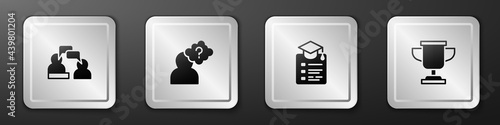 Set Two sitting men talking, Head with question mark, Online education and Award cup icon. Silver square button. Vector