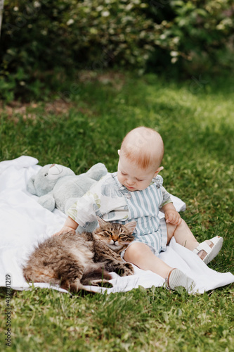 Cute little baby boy sitting on white blanket on green grass in summer, on a Sunny day, playing with a cat. Selective focus, space for text