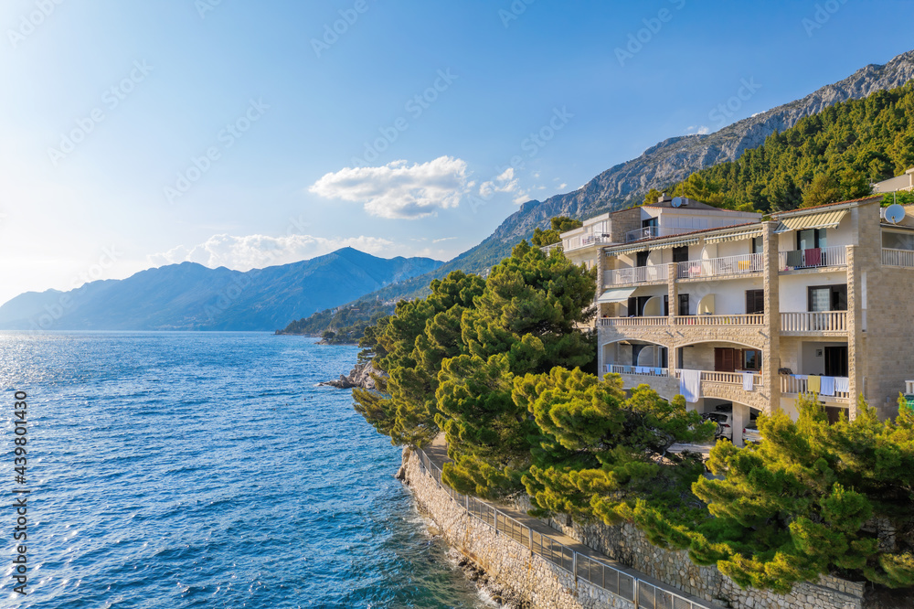 Amazing coast of Croatia in Brela town with clear azure sea, Dalmatia.