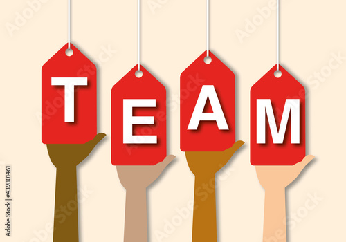 Group of people holding team sign, team and teamwork concept, Group of Diverse, Hands Together Joining, connection, paper cut design style.