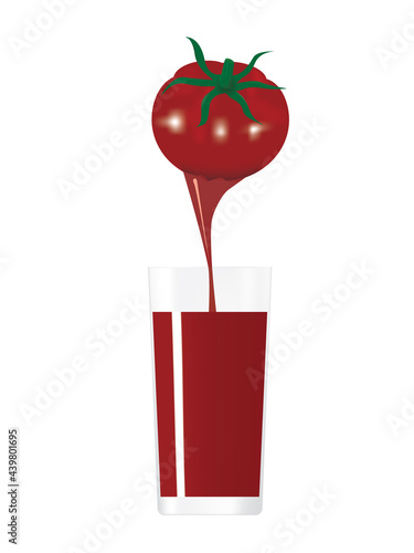 Fresh juicy red tomato isolated on white background. Tomato juice pouring into a glass. Vector illustration design.