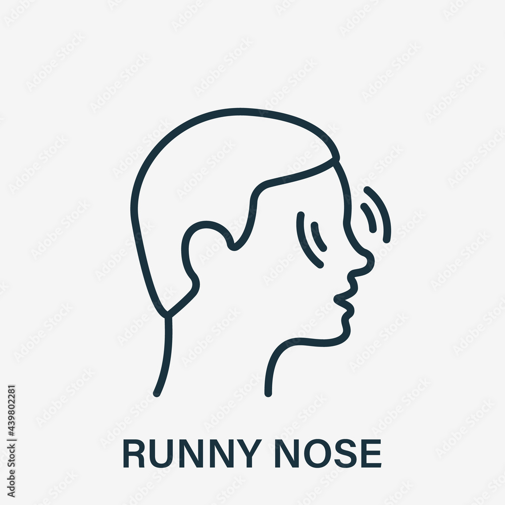 Runny Nose Line Icon. Nose Pain, Itch, Inflammation or Ache Linear Icon. Rhinitis, Allergy or Nasal Mucus Outline Pictogram. Sign for Medical Poster. Editable stroke. Vector illustration