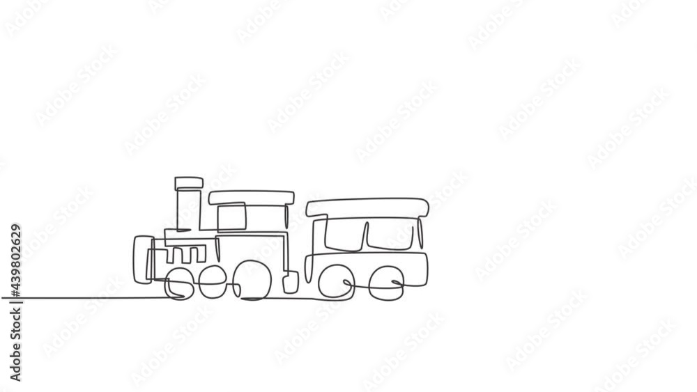 Animated self drawing of single one line draw a train locomotive with three carriages in the form of a roving steam system in an amusement park to transport passengers. Full length one line animation. Animated self drawing of single one line draw a train locomotive with three carriages in the form of a roving steam system in an amusement park to transport passengers. Full length one line animation.