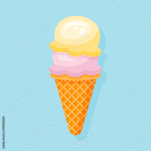 Ice cream cone with two scoops isolated on blue background. Flat style vector illustration.