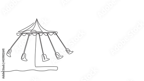 Animated self drawing of continuous one line draw a wave swinger in an amusement park with five seats and a flag above tent. Passengers can swing around in the sky. Full length single line animation. photo