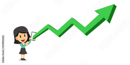 Business concept cartoon businesswoman take more profits green stock market graph by smartphone for design.