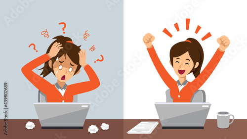 Vector cartoon character businesswoman expressing different emotions for design.