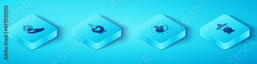 Set Isometric Hand holding a fire, Bottle with love potion, Wizard warlock and Poison apple icon. Vector
