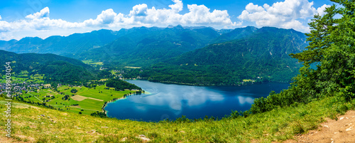 Panoramic aerial view of Lake Bohinj in Bojinj Valley, Slovenia