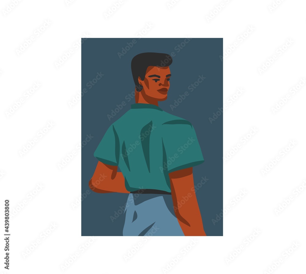 Hand drawn vector flat abstract stock graphic illustration with young happy,in summer outfit, african american beautiful modern male character avatar for social media isolated on white background Hand drawn vector flat abstract stock graphic illustration with young happy,in summer outfit, african american beautiful modern male character avatar for social media isolated on white background