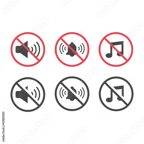 No noise red prohibition sign set. No music, no sound signs with megaphone, bell and music notes vector icon.