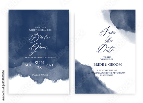 Wedding invitation card navy blue watercolor style collection design, watercolor texture background, brochure, invitation template