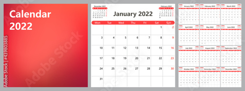 Calendar planner for 2022. The week starts on Monday. Vector illustration