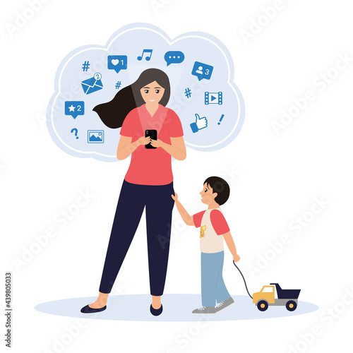 Young woman spends too much time in social networks and doesn't pay attention to her child. Little boy asks for attention, but his mother is too busy. Parent and child. Modern social problem concept. 