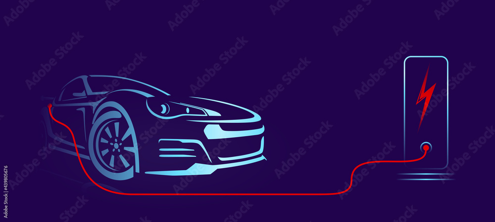 Electric car with charging stations by sketch line rear view. Sportcar isolated on dark background. Vector illustration