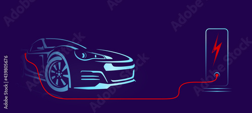 Electric car with charging stations by sketch line rear view. Sportcar isolated on dark background. Vector illustration