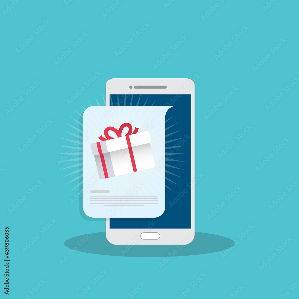 Gift box on smartphone screen. Giveaway concept. Vector illustration Gift box on smartphone screen. Giveaway concept. Vector illustration