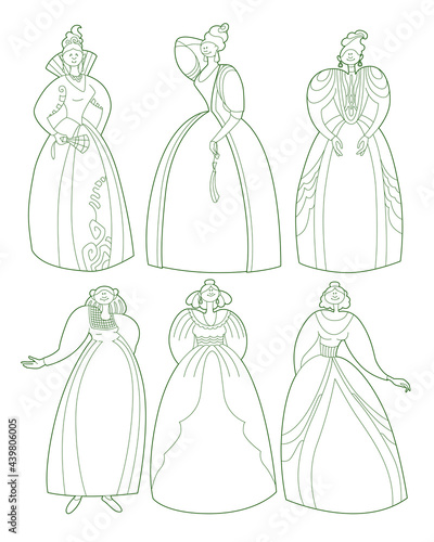 Stylization of women's dresses of the Middle Ages and the Renaissance. A set of characters in the outline style. Linear outline for coloring.