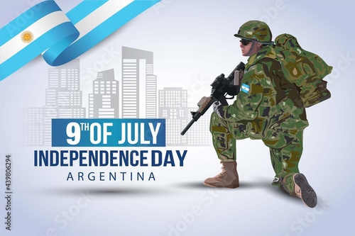 happy independence day Argentina 9th of July background. a soldier with gun and flag. Vector illustration design.