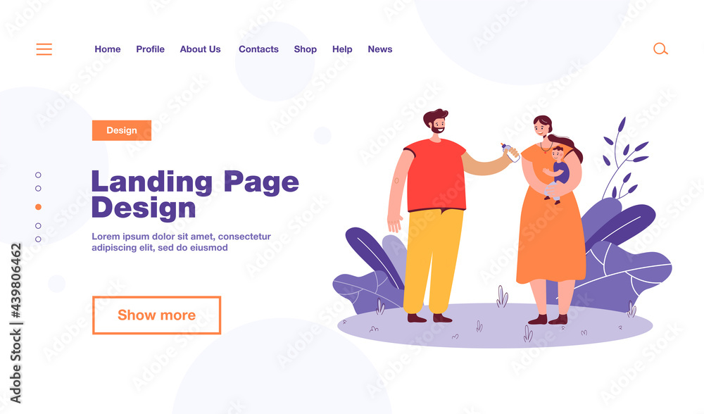 Father giving milk bottle for baby to mother. Female character holding child, man helping wife flat vector illustration. Family, parenting concept for banner, website design or landing web page Father giving milk bottle for baby to mother. Female character holding child, man helping wife flat vector illustration. Family, parenting concept for banner, website design or landing web page