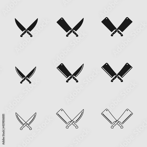Set of Crossed Butcher Chef Meat Knives Knife Cleaver Logo Design Template. Suitable for Adventure Hunting Butchery Deli Restaurant Business Bistro Shop in Retro Vintage Hipster Silhouette Style.