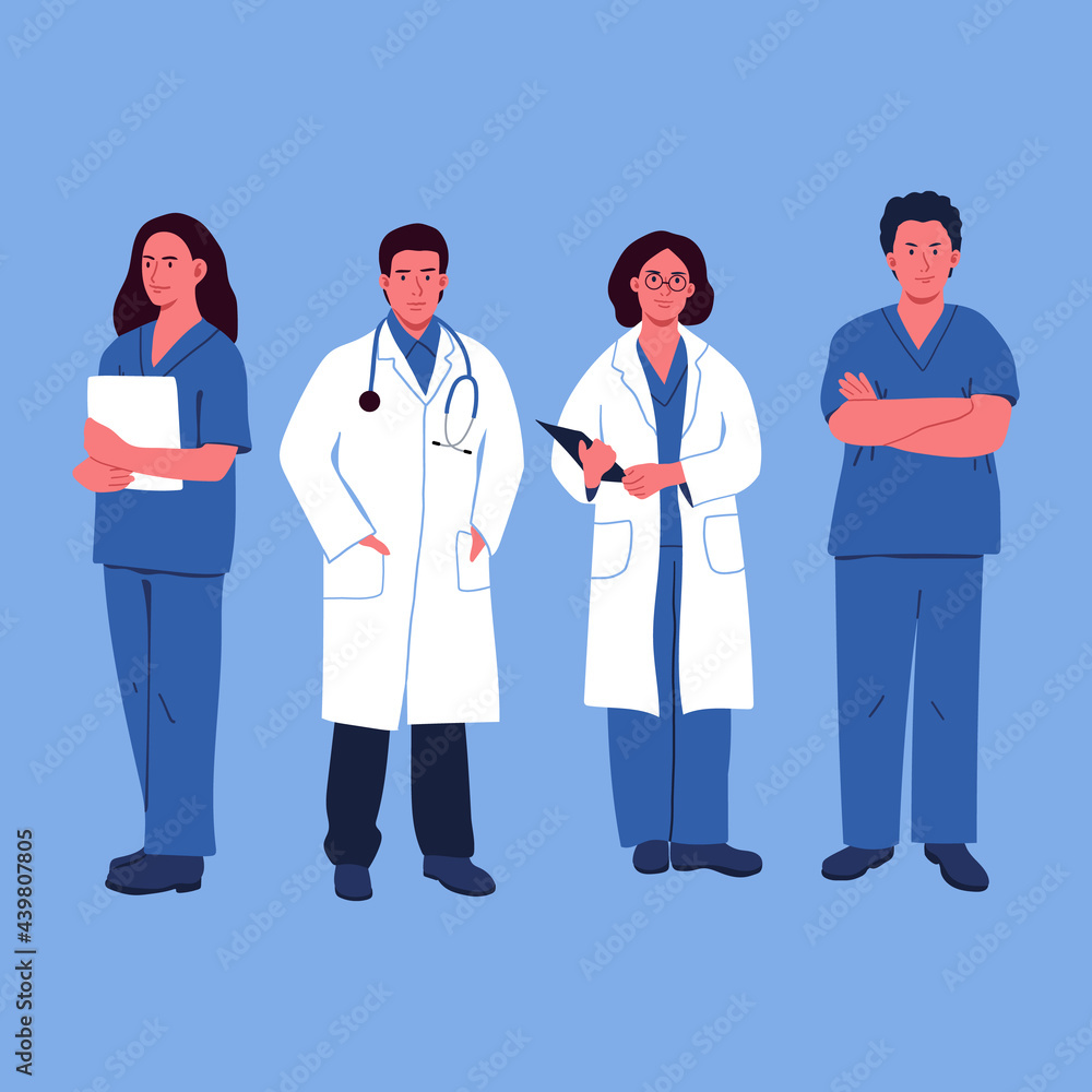 Set of male and female doctor characters.  Medical team Frontline heroes Doctors and nurses. Vector hand drawn illustration. Isolated.