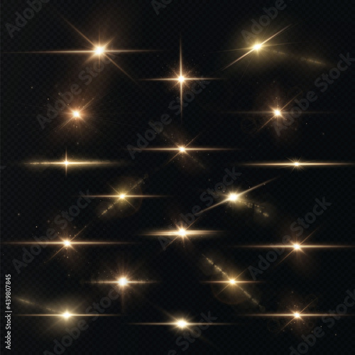 Light rays of light horizontal golden color with glare and flashes isolated on a transparent background. Light star gold png. Light sun gold png. Light flash gold png. Powder png.