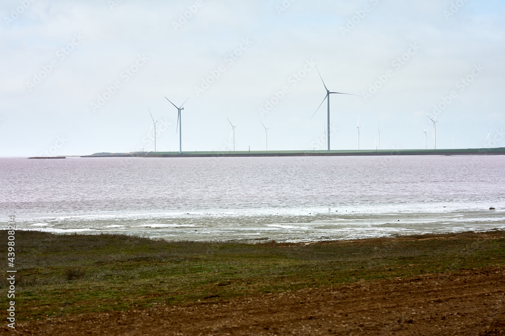 Wind generators on the shore of a lake with pink water in cloudy weather against a gray sky