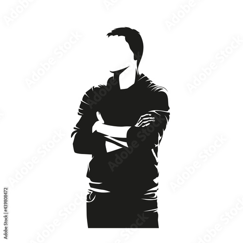 Standing man with folded arms, abstract isolated vector silhouette, ink drawing illustration. Adult man portrait