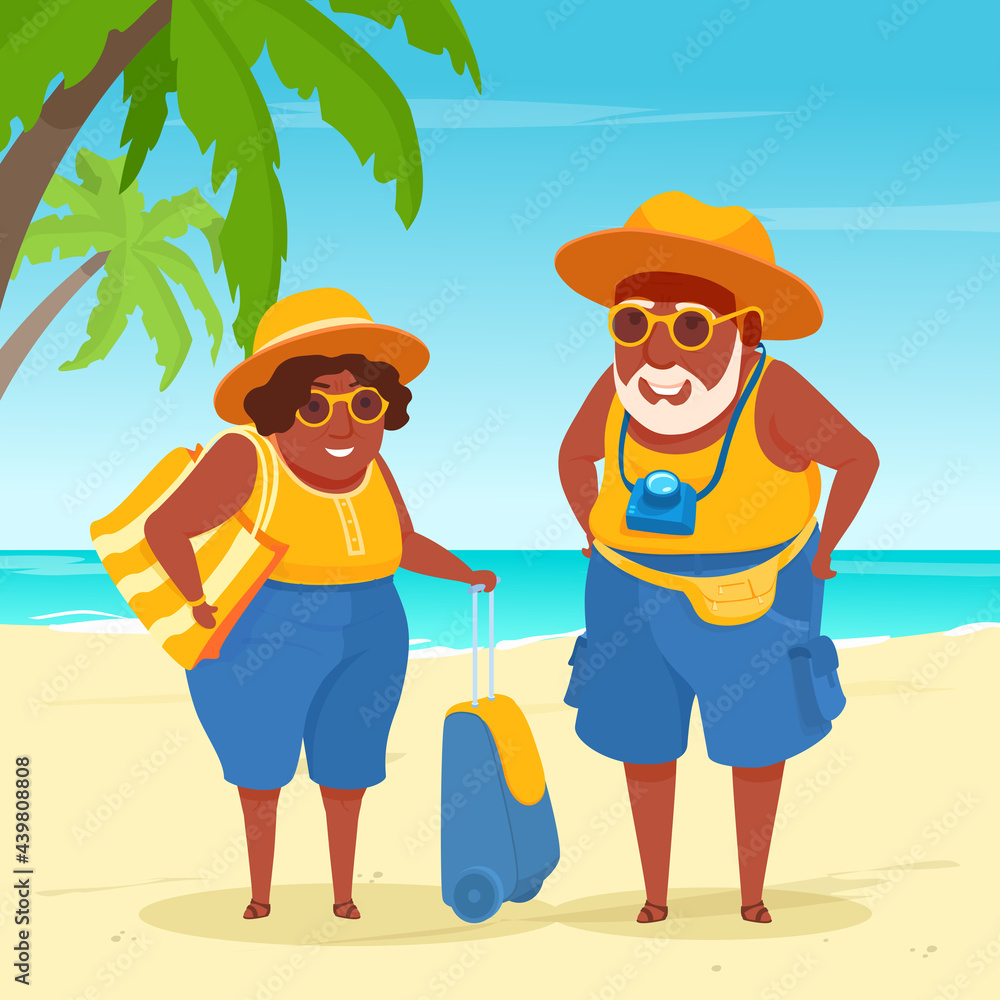 Senior adult tourist couple standing on a sea beach. Elderly people. Active grandparents travel. A vector cartoon illustration.