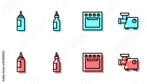 Set line Oven, Sauce bottle, Bottle of olive oil and Kitchen meat grinder icon. Vector