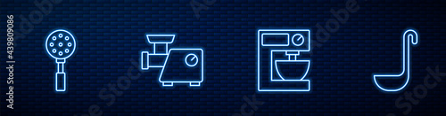 Set line Electric mixer, Spatula, Kitchen meat grinder and ladle. Glowing neon icon on brick wall. Vector