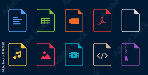 File format outline icon set with rounded corners on dark background