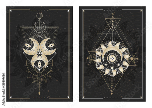 Vector dark illustrations with sacred geometry symbols, grunge textures and frames. Images in black, white and gold.