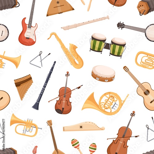 Seamless pattern with different classical and ethnic music instruments on white background. Repeatable texture with trumpet, guitar, saxophone and drums for printing. Colored flat vector illustration