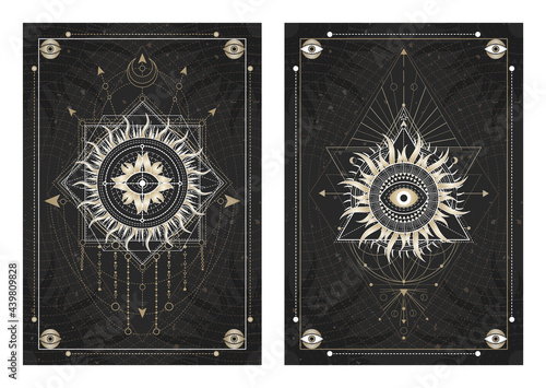 Vector dark illustrations with sacred geometry symbols, grunge textures and frames. Images in black, white and gold.