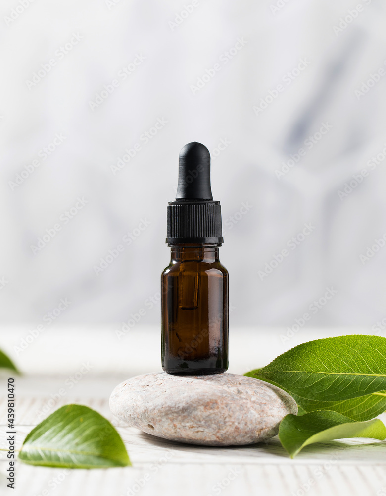 Serum for the skin of the face and body in a dark dropper on a stone among the leaves. The concept of natural cosmetics Serum for the skin of the face and body in a dark dropper on a stone among the leaves. The concept of natural cosmetics
