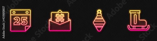 Set line Christmas ball, Calendar, postcard and Figure skates. Glowing neon icon. Vector