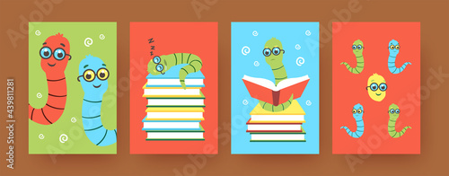 Set of contemporary art posters with cute cartoon bookworms. Vector illustration. .Colorful collection of insects in glasses reading books in colored background. Animal, insect, literature concept