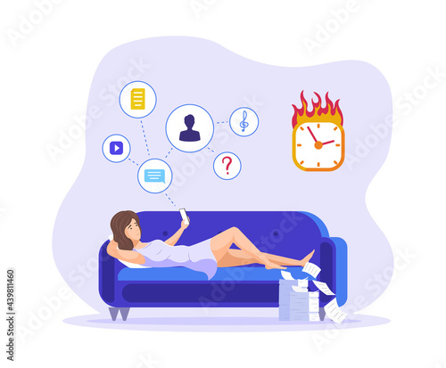 Freelancer woman use smartphone instead of working. Procrastinating, wasting time, deadline failure
