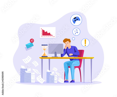 Relaxed man sitting wasting time for games and entertainment instead of working under tasks. Procrastination male office employee worker at workplace with burning date. Deadline failure