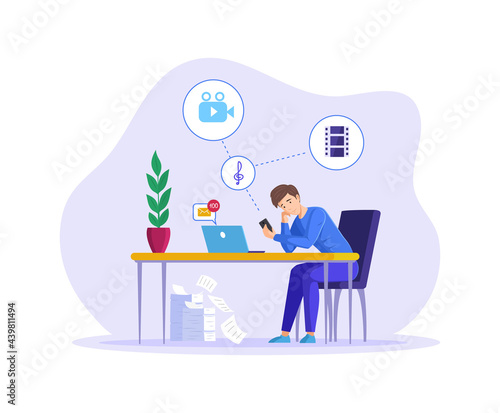 Relaxed man sitting wasting time for music and entertainment instead of working under tasks. Worker employee male procrastination of office work. Procrastinating and laziness, deadline failure
