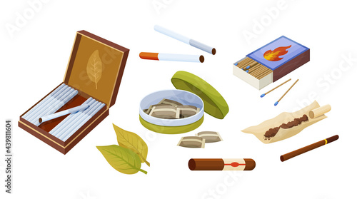 Collection tobacco products. Set of different things and accessories for smoking vector illustration