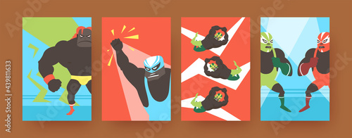 Set of contemporary art posters with angry Mexican fighters. Vector illustration. .Collection of furious wrestlers in colorful suits during fight in bright background. Fight, wrestling, sport concept photo