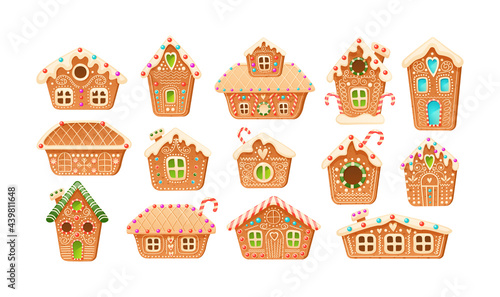 Collection different cute gingerbread christmas winter houses. Set of holiday candy cookies
