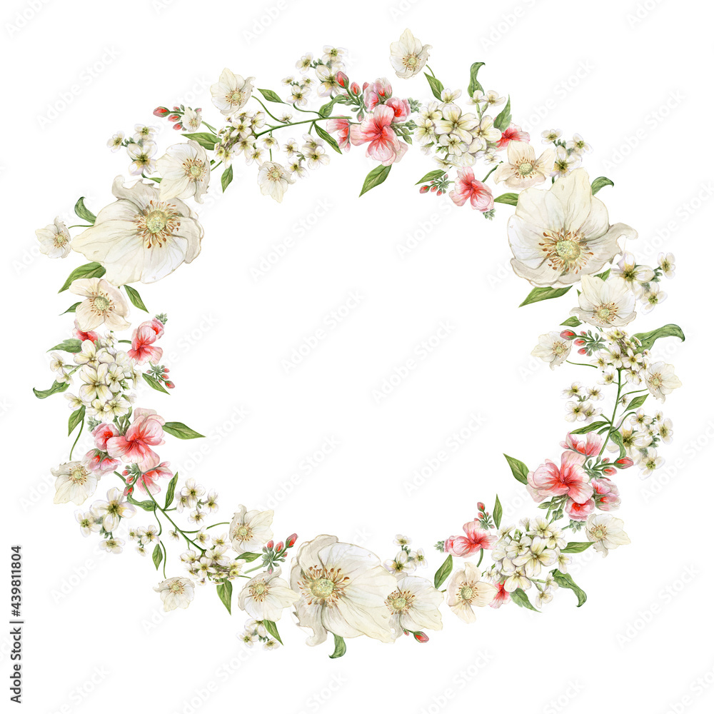 Tender Wreath - Watercolor flowers of summer gardens, meadows. for textile print or wallpaper design, invitation for wedding, card design. Romantic vintage mood.