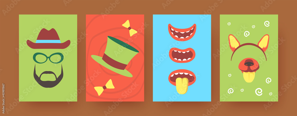 Plakat Set of contemporary art posters with party accessories. Vector illustration. .Colorful collection of funny carnival masks, ears, eyeglasses in bright background. Birthday party, photo accessory