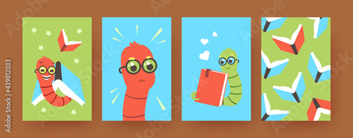 Set of contemporary art posters with cute worms loving books. Vector illustration. .Colorful collection of insects in glasses reading books in colored background. Animal, insect, literature concept